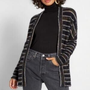 Modcloth Black Multicolor Metallic Chenille Fuzzy Long Sleeve Open Cardigan Sz M
